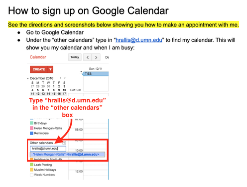 Screenshot showing description of how to use Google Calendar along with an annotated picture of the calendar